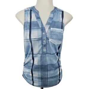 🆓 FREE French Laundry Blue Plaid Sleeveless Top 1/2 button down v-neck Small